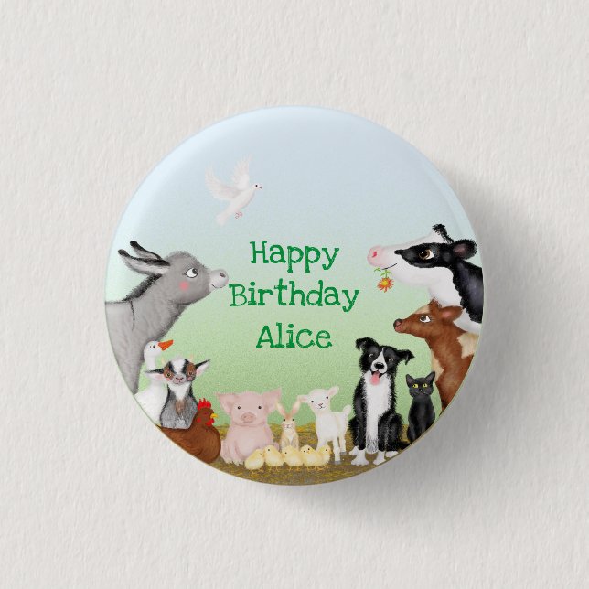 Badge Rond 2,50 Cm Belle fête d'anniversaire des animaux de ferme (Devant)