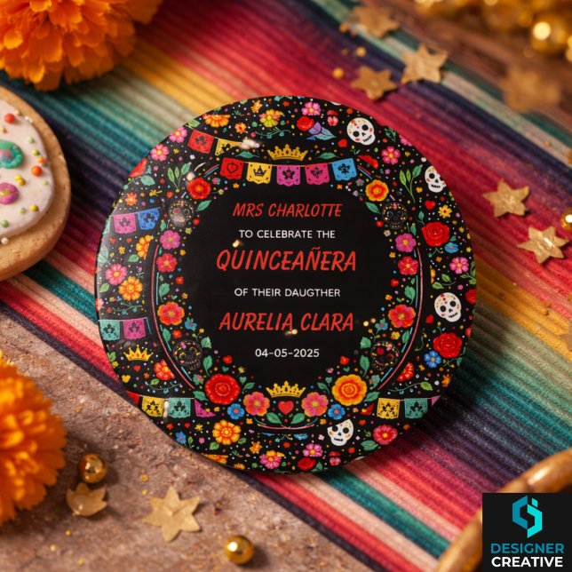 Badge Rond 2,50 Cm Black Mexican Fiesta Floral Gold Tiara Quinceañera (Black Mexican Fiesta Floral Gold Tiara Quinceañera Button)