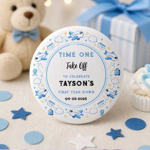Badge Rond 2,50 Cm Bleu Blanc Avion 1er Anniversaire Première Décolla