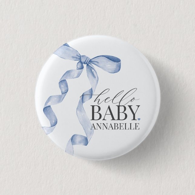 Badge Rond 2,50 Cm Bleu Bonjour Bébé Bow Fille Baby shower Faveurs (Devant)