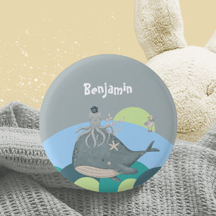 Badge Rond 2,50 Cm Bleu doux Baby shower de poulpe de baleine marine