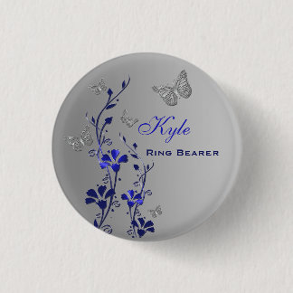 Badge Rond 2,50 Cm Bleu et Argent Papillon Floral Bague Porteur Pin