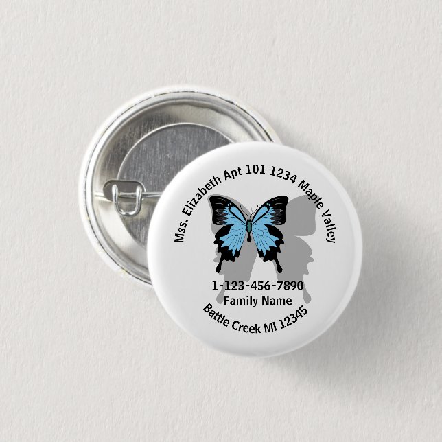 Badge Rond 2,50 Cm Bleu perdu Papillon dos famille Adresse domiciliai (Devant & derrière)