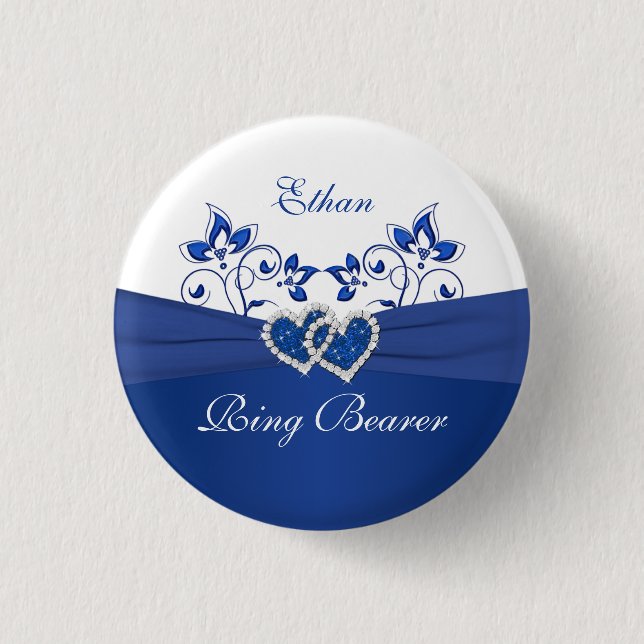Badge Rond 2,50 Cm Bleu Royal, Blanc Floral Bague Porteur Pin (Devant)