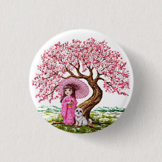 Badge Rond 2,50 Cm Blossom Dreams : Kimono Girl & Puppy