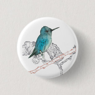 Badge Rond 2,50 Cm Blue Hummingbird Branches Aquarelle