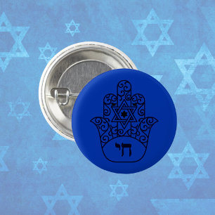 Badge Rond 2,50 Cm Blue Jewish Chai Hamsa avec Star de David