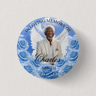 Badge Rond 2,50 Cm Blue Roses Sky Funeral Memorial Button Angel Wings