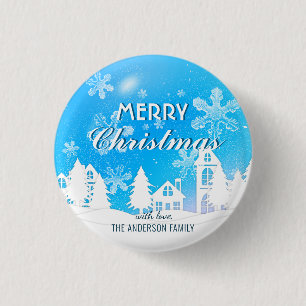 Badge Rond 2,50 Cm Blue White House Snowflakes Noël Bonne année