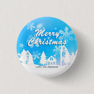 Badge Rond 2,50 Cm Blue White House Snowflakes Noël Bonne année