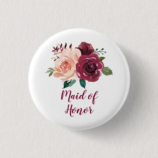 Badge Rond 2,50 Cm Blush Bourgogne Floral Maid Of Honor (Devant)