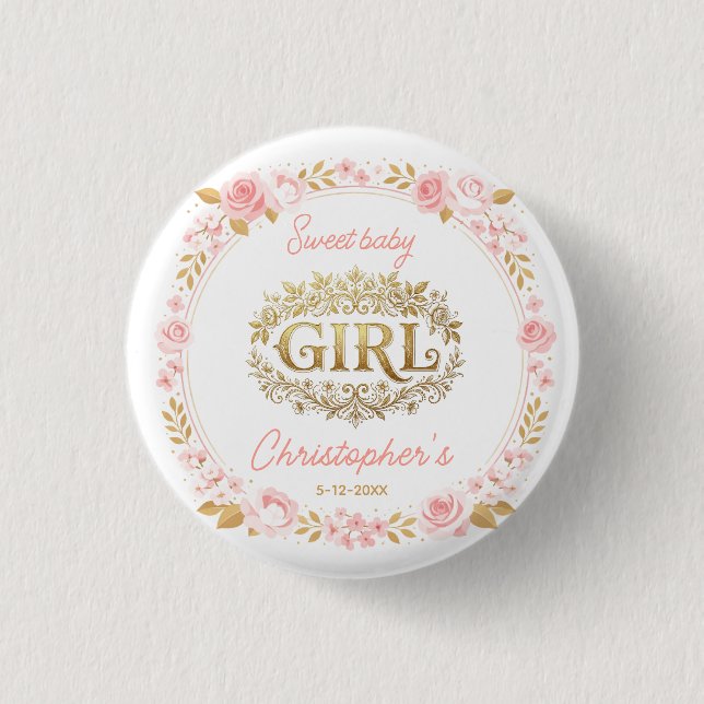 Badge Rond 2,50 Cm Blush Pink & Gold Floral Girl Baby Shower (Devant)