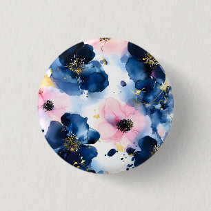 Badge Rond 2,50 Cm Blush Rose Gold Bleu de Nuit Floral Aquarelle