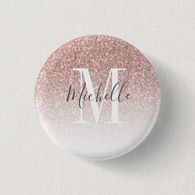 Badge Rond 2,50 Cm Blush Rose Gold Pailleté Monogramme Nom Rose Pâle (Devant)