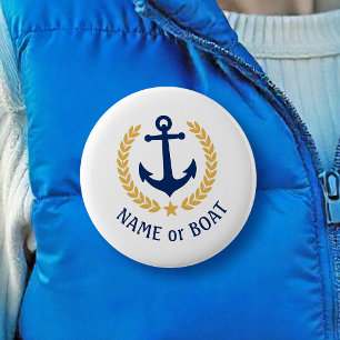 Badge Rond 2,50 Cm Boat Name Anchor Gold Style Laurel Star Navy White