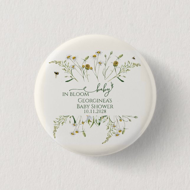 Badge Rond 2,50 Cm Boho Wildflower Baby in Bloom Baby Shower  (Devant)