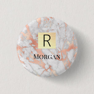 Badge Rond 2,50 Cm Boite en or marbre blanc et Rose, nom et monogramm
