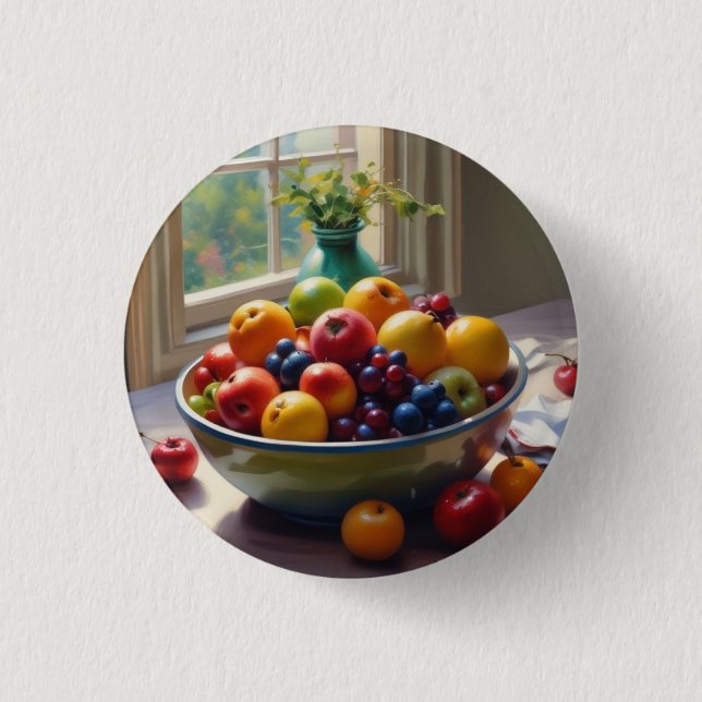 Badge Rond 2,50 Cm Bol de fruit sur table peinture à l'huile classiqu (Devant)