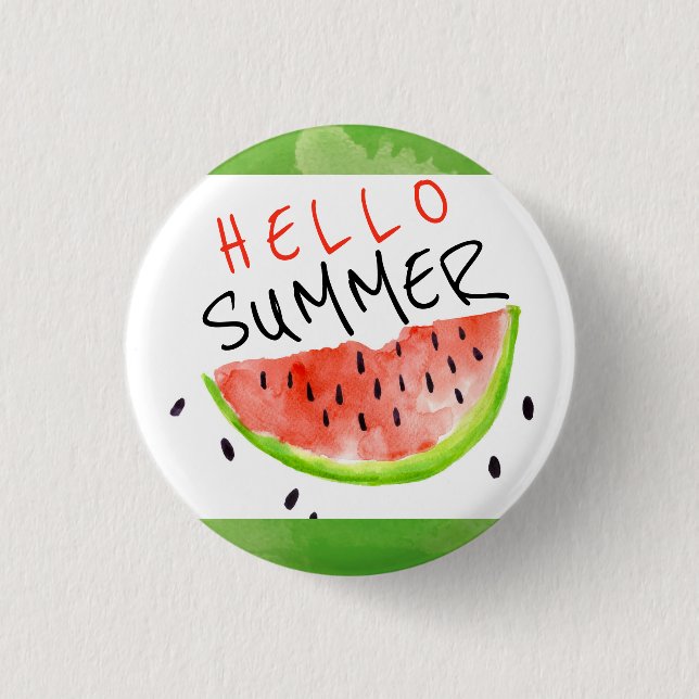Badge Rond 2,50 Cm Bonjour Eau Aquarelle Eté Pastèque Vert Blanc (Devant)