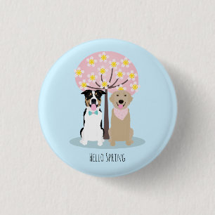 Badge Rond 2,50 Cm Bonjour Printemps Chiens Sous l'Arbre à Fleurs de 
