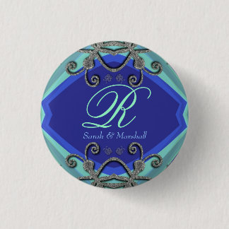 Badge Rond 2,50 Cm Boucles de papillon Aqua+Bouton Monogramme Bleu