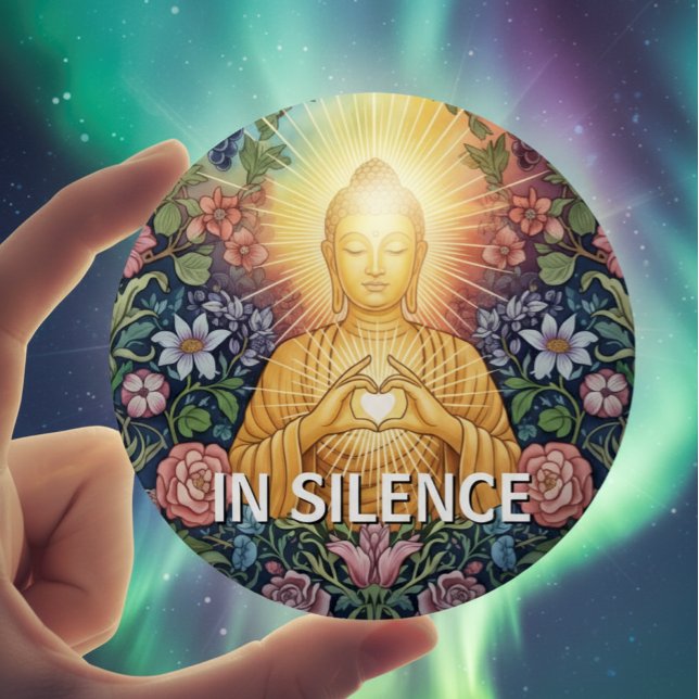 Badge Rond 2,50 Cm Bouddha, Coeur de lumière, Vintage floral, En sile (Buddha "In Silence" Button)