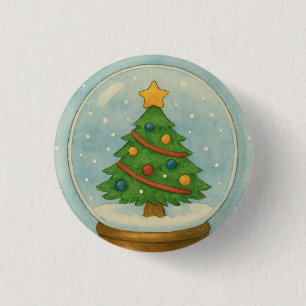 Badge Rond 2,50 Cm Boule à neige avec sapin de Noël en aquarelle hive