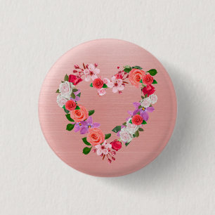 Badge Rond 2,50 Cm Bouquet Floral En Forme De Coeur D'Amour
