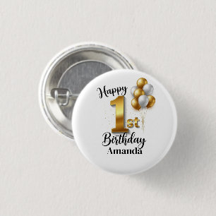 Badge Rond 2,50 Cm Bouton à broche anniversaire 1 an Ballons en Or