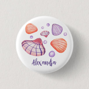 Badge Rond 2,50 Cm Bouton Balise Nom des coquillages aquarelle