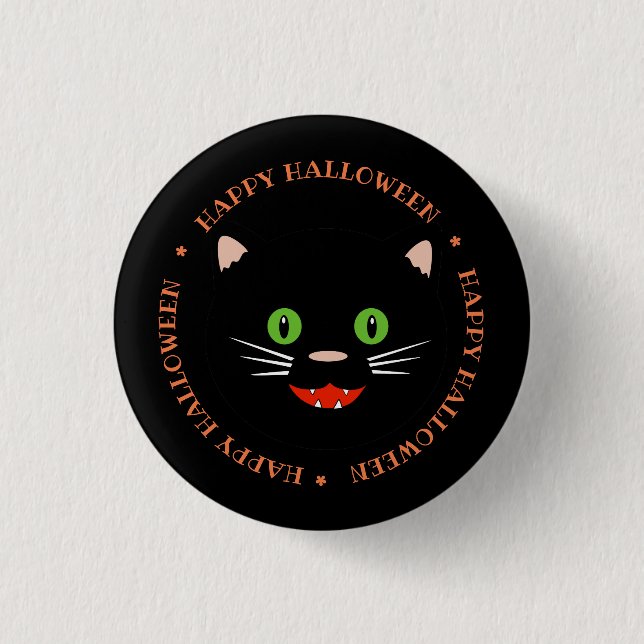 Badge Rond 2,50 Cm Bouton Chat Noir Joyeux Halloween (Devant)