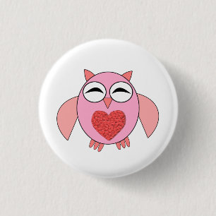 Badge Rond 2,50 Cm Bouton Chouette Coeur Rose Love