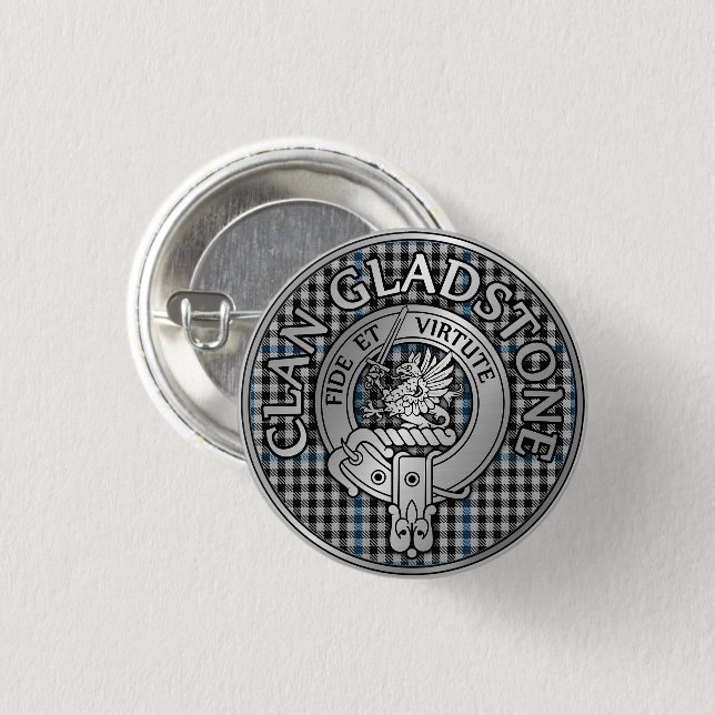 Badge Rond 2,50 Cm Bouton Clan Gladstone Crest & Tartan (Devant & derrière)