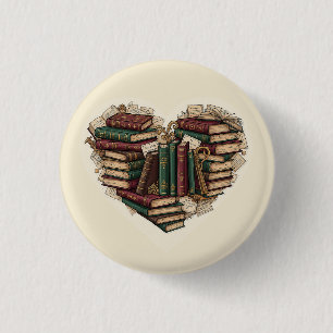 Badge Rond 2,50 Cm Bouton Cœur de Livre   Épinglette Lecteur Vintage 