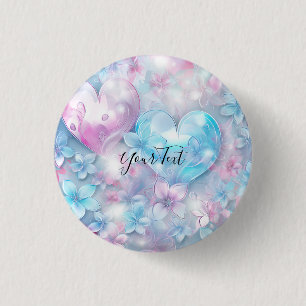 Badge Rond 2,50 Cm Bouton coeurs et fleurs rose aqua