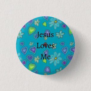 Badge Rond 2,50 Cm Bouton coeurs roses fleurs blanches Jésus m'aime