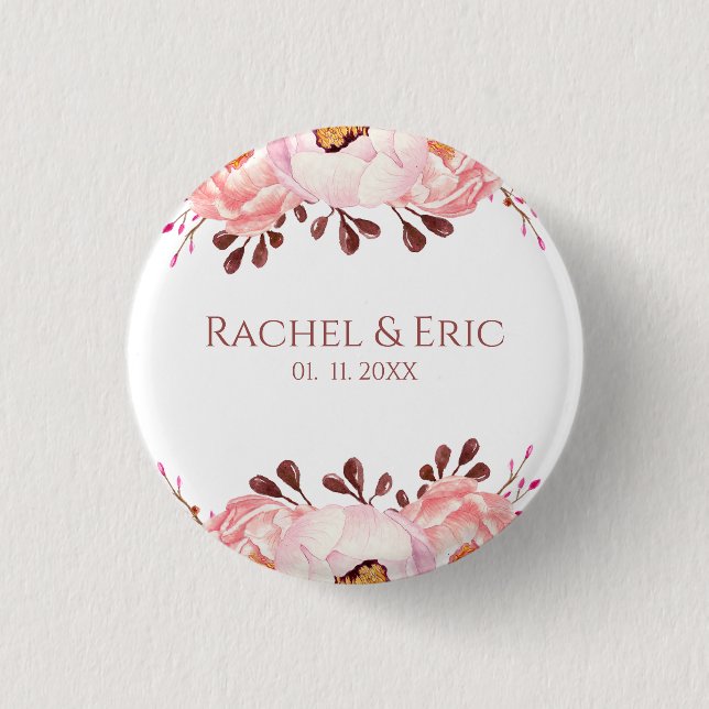 Badge Rond 2,50 Cm Bouton de Mariage floral transparent avec des noms (Devant)