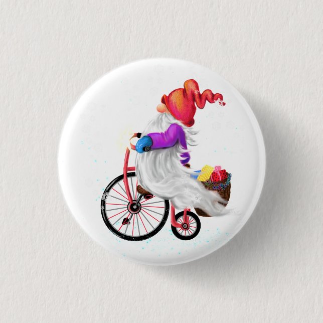 Badge Rond 2,50 Cm Bouton de Noël amusant Gnome avec vélo et cadeaux (Devant)