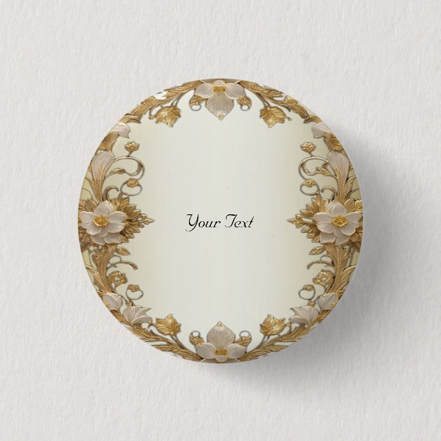 Badge Rond 2,50 Cm Bouton Doré Décoratif Fleurs Blanches (Devant)