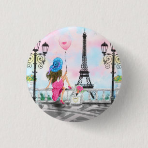 Badge Rond 2,50 Cm Bouton Femme à Paris avec Tour Eiffel