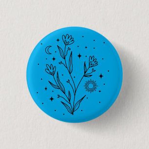Badge Rond 2,50 Cm Bouton floral bleu ciel et noir élégant