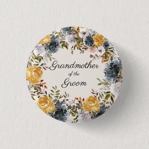 Badge Rond 2,50 Cm Bouton floral peint à la main jaune bleu Grand-mèr