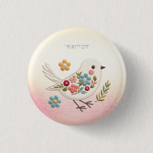 Badge Rond 2,50 Cm Bouton Floral Petit Oiseau Blanc