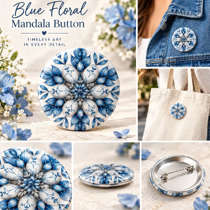 Badge Rond 2,50 Cm Bouton mandala floral bleu, élégant bleu et blanc