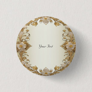 Badge Rond 2,50 Cm Bouton or décoratif Fleurs blanches
