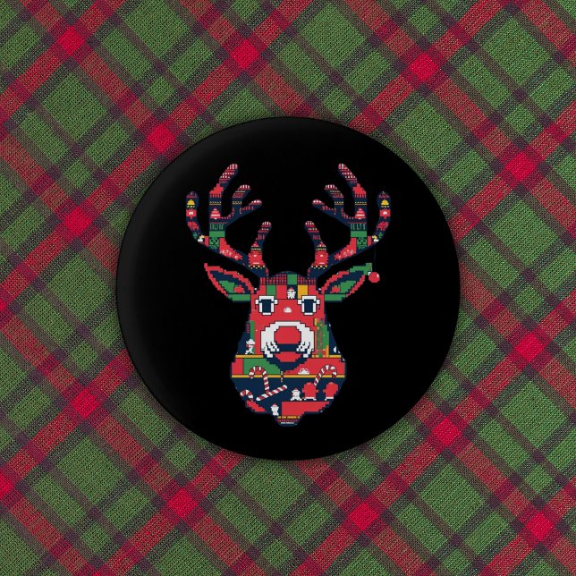 Badge Rond 2,50 Cm Bouton Pull de Noël Rétro Pixel Renne (Créateur téléchargé)