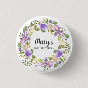 Badge Rond 2,50 Cm Bouton Rustique violet floral 80e anniversaire