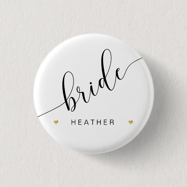 Badge Rond 2,50 Cm Bridal Party Bride Script simple moderne Gold Hear (Devant)