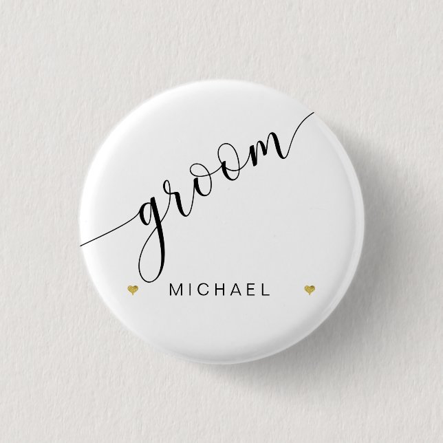 Badge Rond 2,50 Cm Bridal Party Groom Script Simple Modern Gold Heart (Devant)