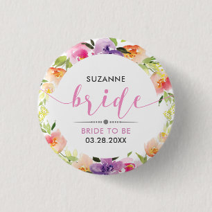 Badge Rond 2,50 Cm Bride Typographie moderne Fleurs colorées Wreath